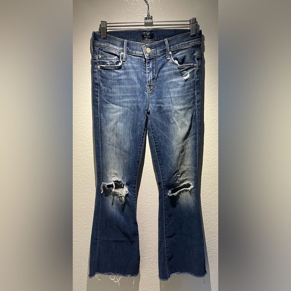 Mother Weekender Fray Hop On Hop Off Wash Mid Rise Wide Leg Flare Denim Jeans 24